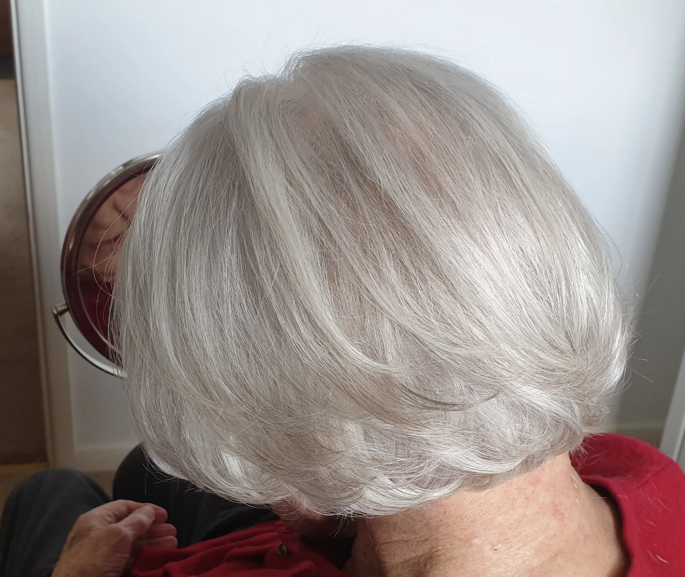 natural grey with a gloss, short layered bob 