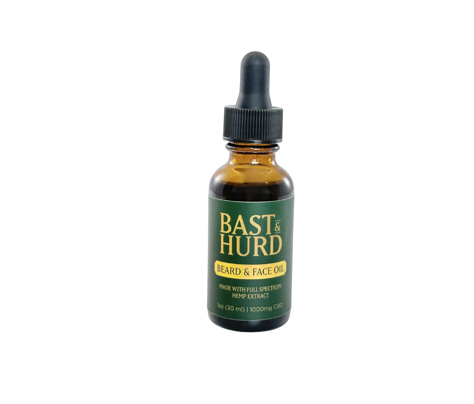 A Bast & Hurd mens line beard and face oil brown glass bottle with a black dropper cap labeled 'BAST & HURD BEARD & FACE OIL' at Pocono Organics in the Pocono Mountains.
