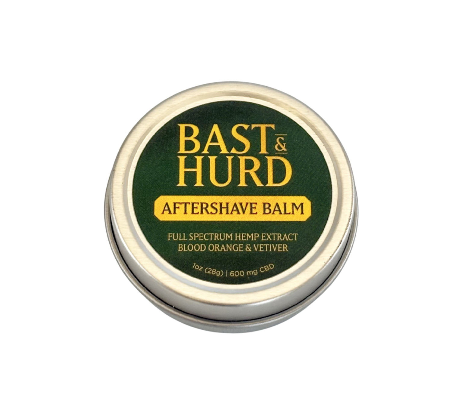 A round container of Bast & Hurd aftershave balm at Pocono Organics with a green label featuring yellow and orange text.