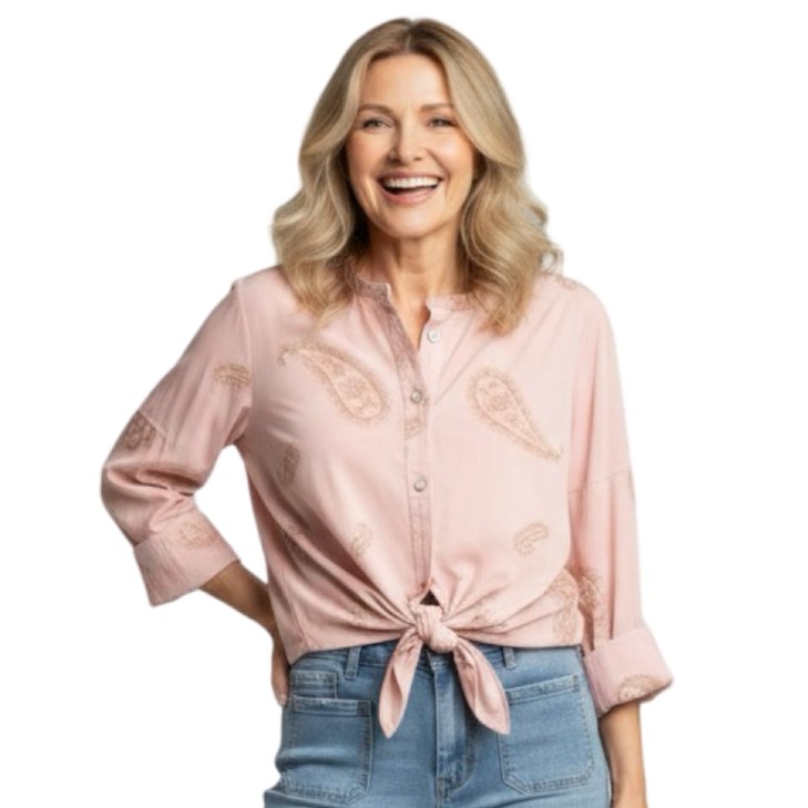 Gauzy Cotton Blouse with Paisley Embroidery Pattern