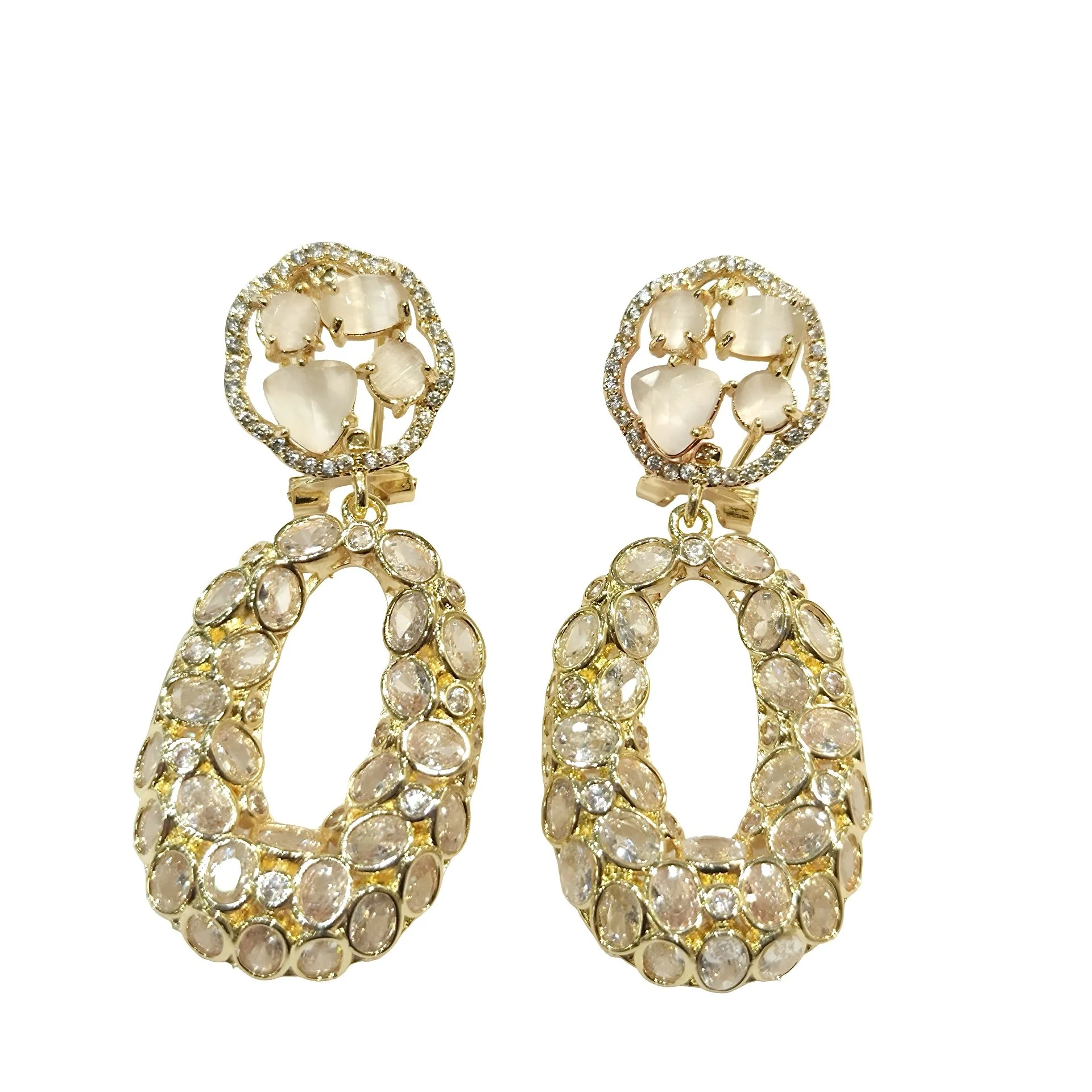 Dangle Earrings with Flower Petal Zirconia and Teardrop Crusted with Crystals
