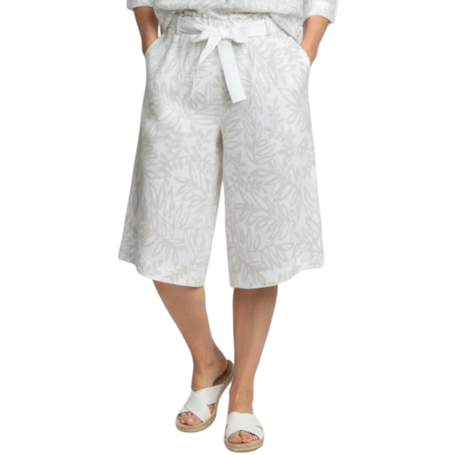 Linen Bermuda Shorts with Tonal Floral Pattern