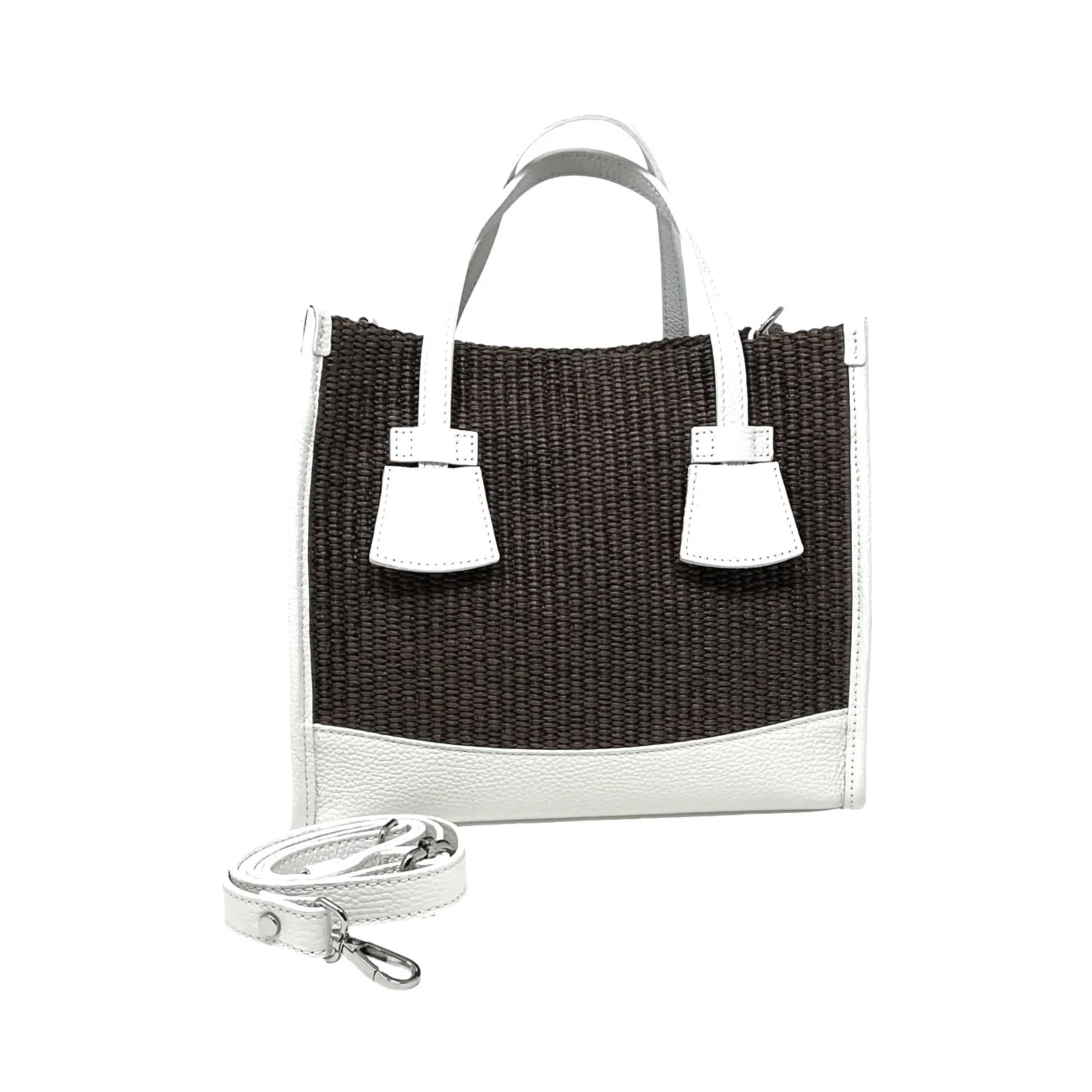 Patterned Raffia Tote Trimmed in Leather