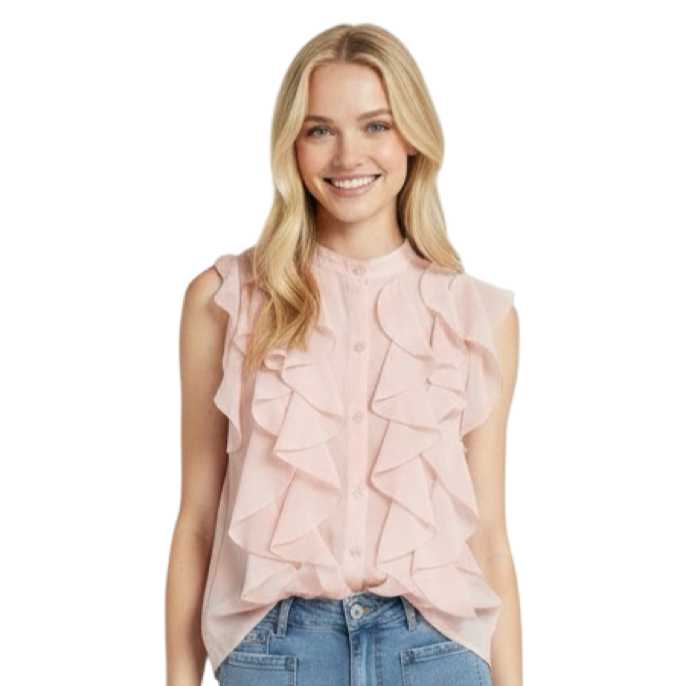 Sleeveless Cotton Blouse with Cascading Ruffles