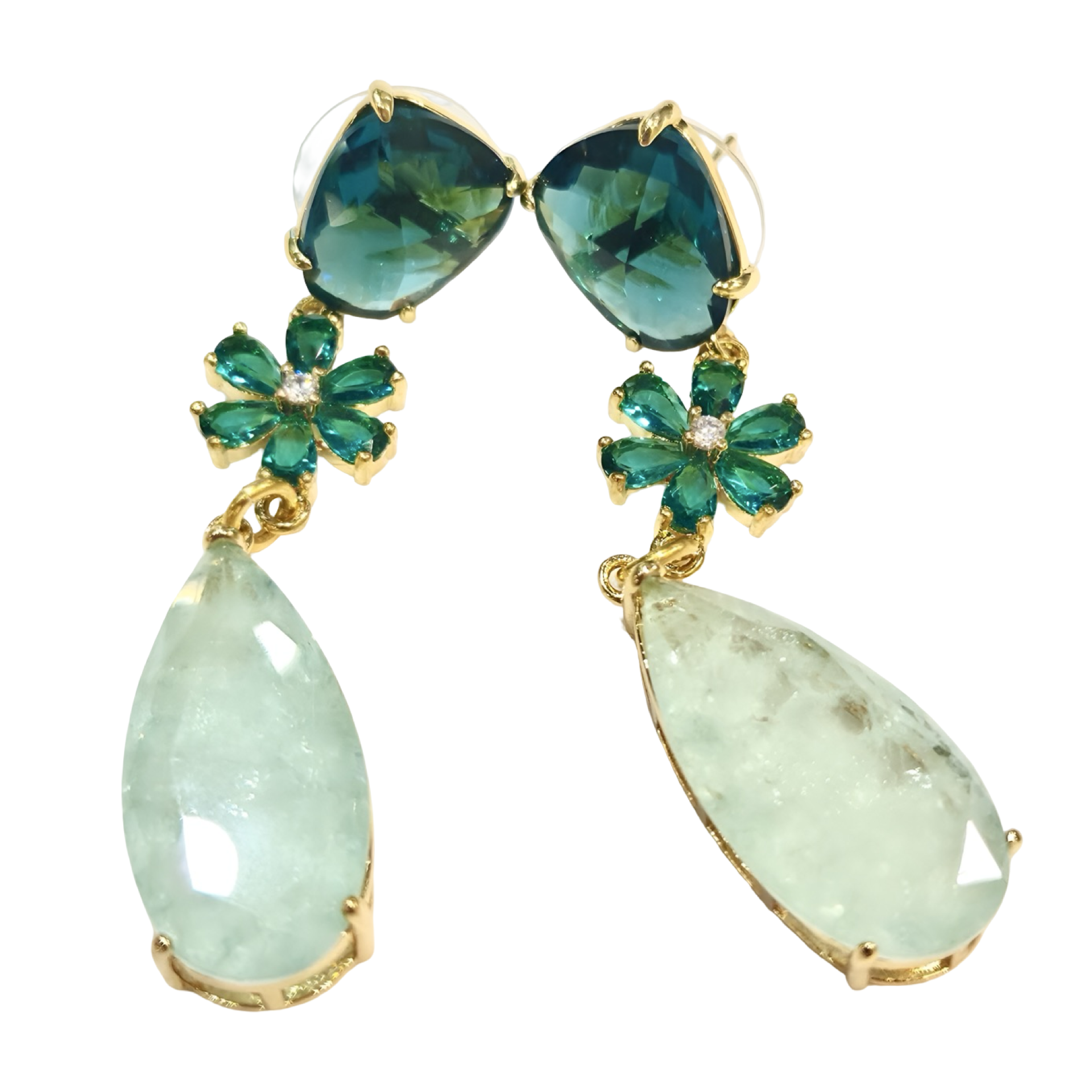 Green Cat's Eye Drop with Pave Crystal Flower and Large Doublette Teardrop