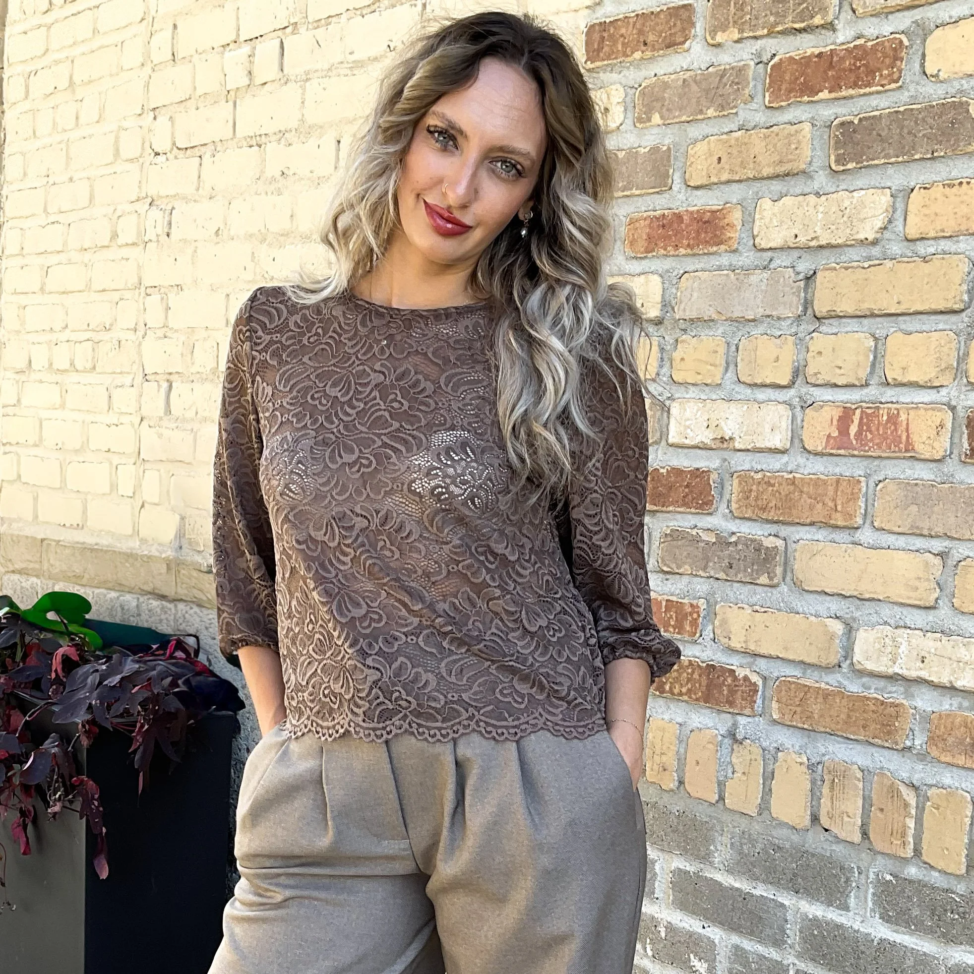 Lace Blouse with Scalloped Hem and 3/4 Length Sleeve