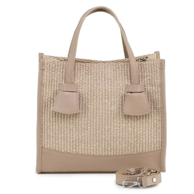 Patterned Raffia Tote Trimmed in Leather