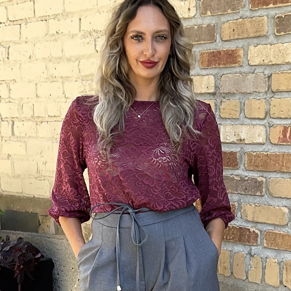 Lace Blouse with Scalloped Hem and 3/4 Length Sleeve