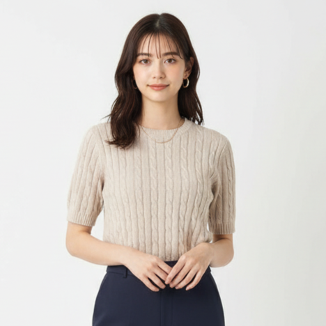Short Sleeve Cable Knit Cotton Sweater