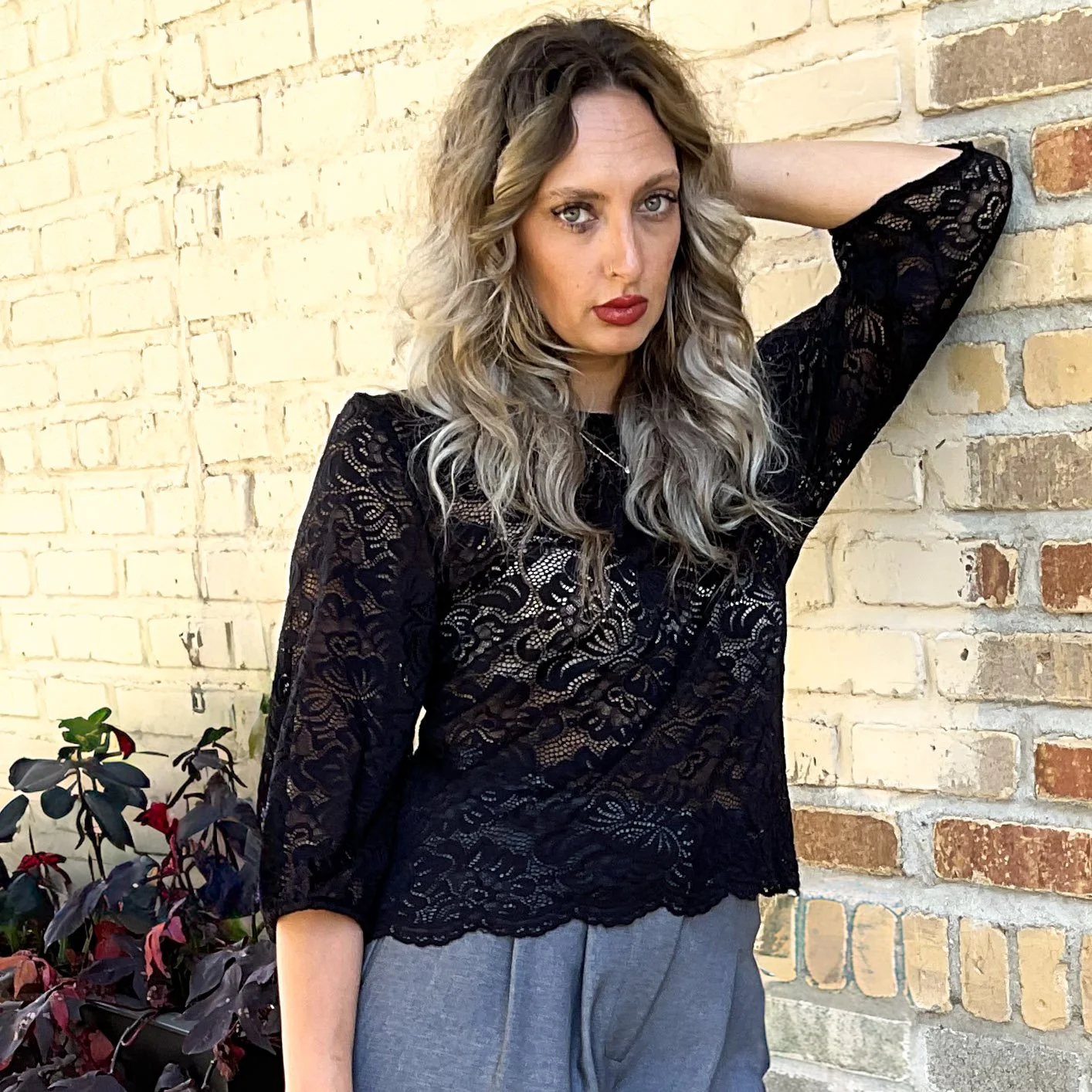 Lace Blouse with Scalloped Hem and 3/4 Length Sleeve