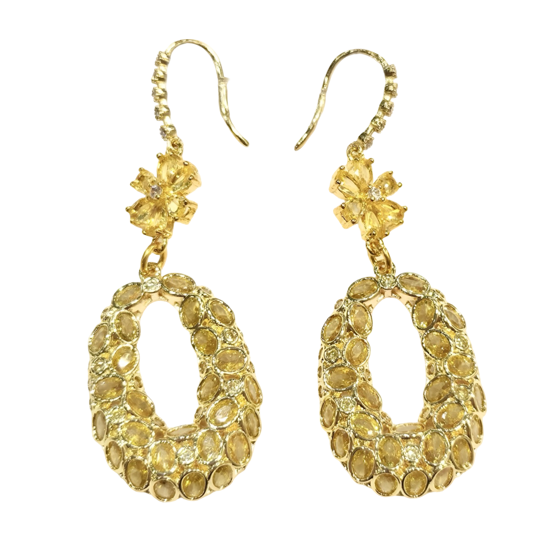 Dangle Earrings with Yellow Quartz Flower and Oval Drop
