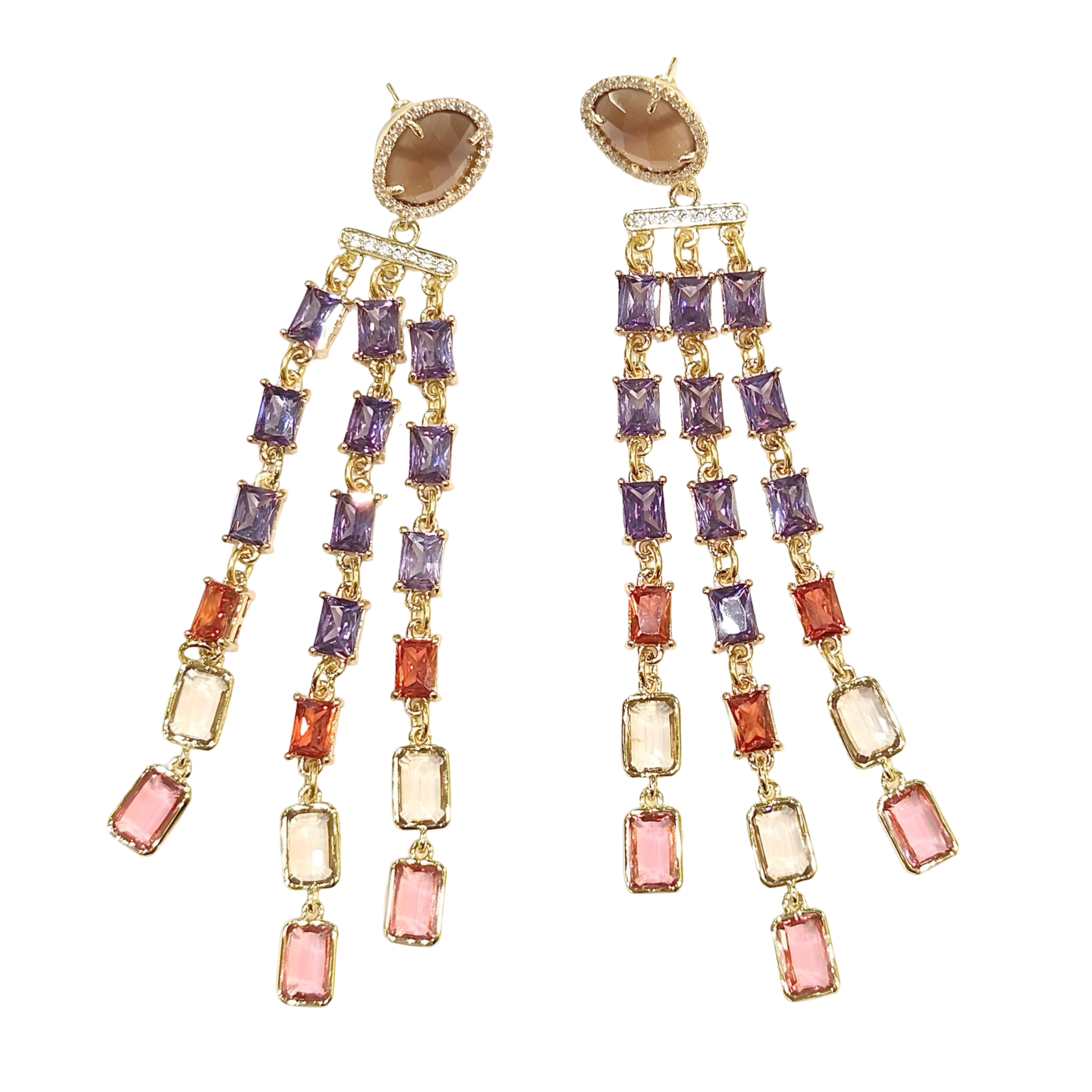 Long Chandelier Crystals Dangle from Faceted Smoky Topaz  Surrounded by Zirconia Diamonds