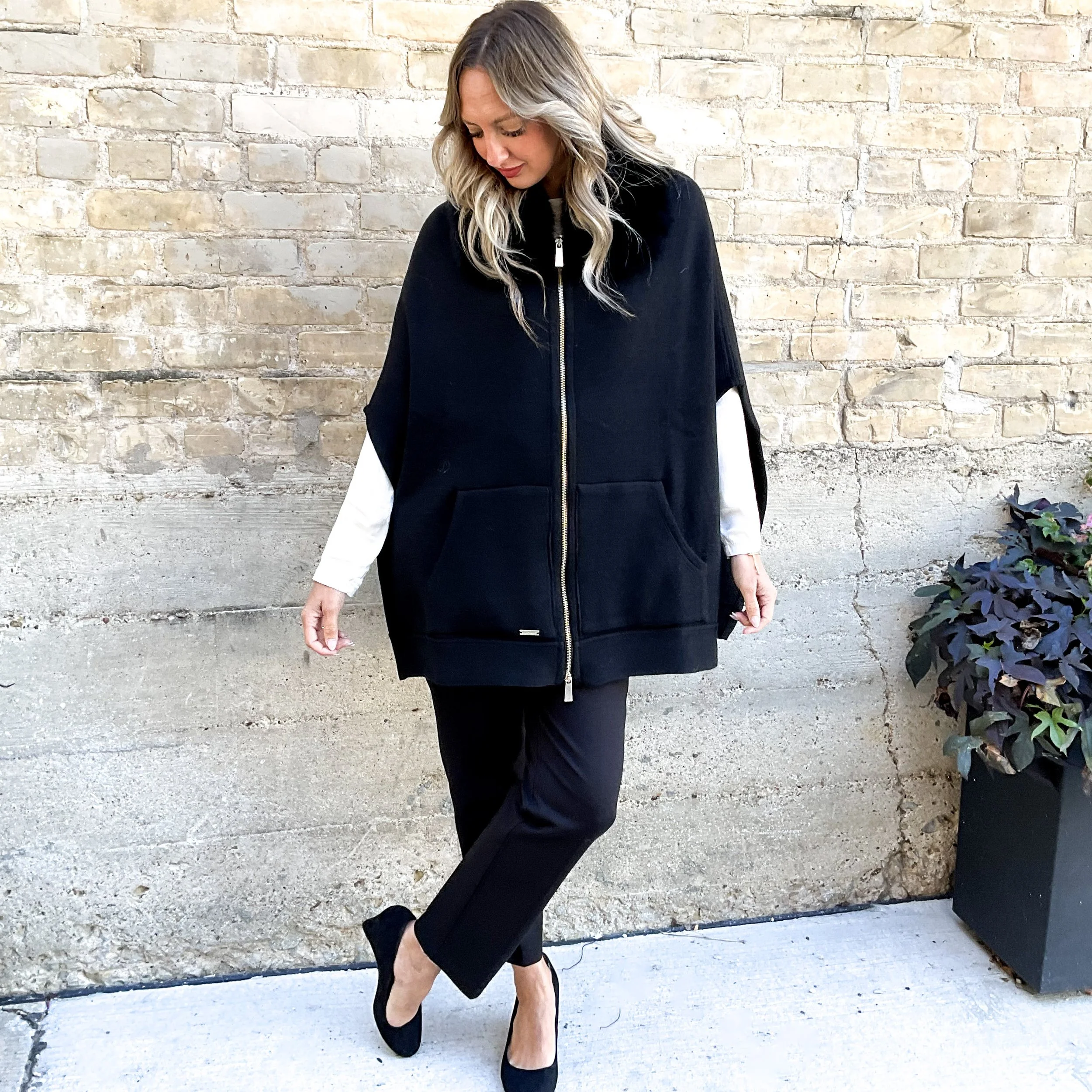 Wool/Cashmere Zip-Up Hooded Cape with Fur