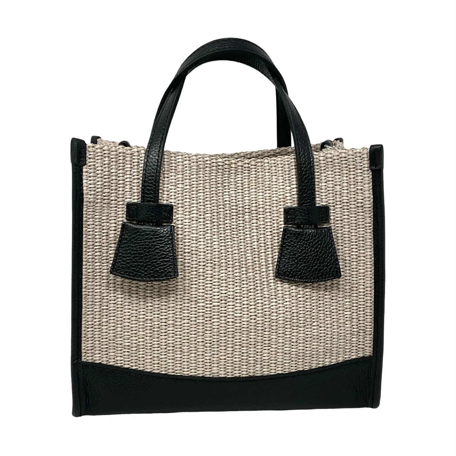 Patterned Raffia Tote Trimmed in Leather