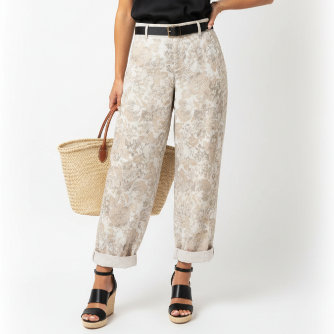 High-Rise Loose Barrel Pant with Floral Print