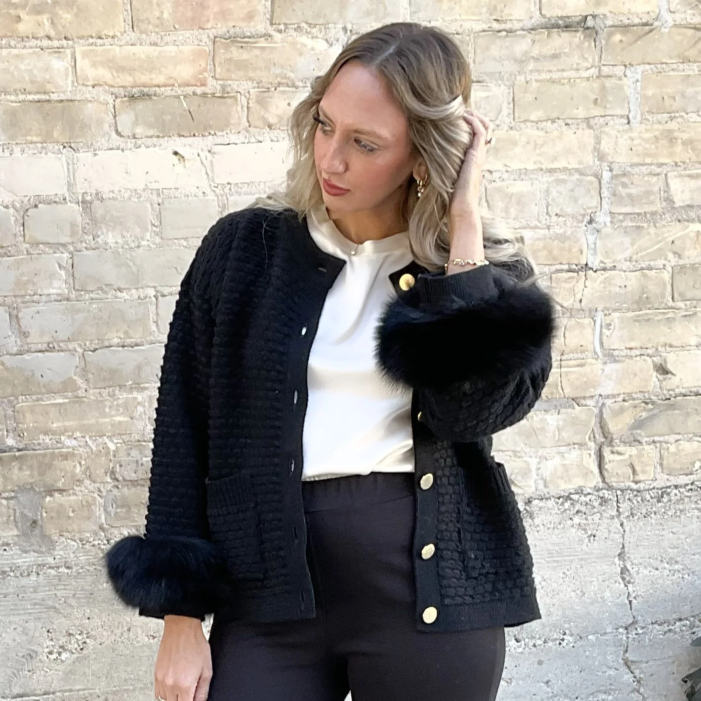 Wool/Cashmere Button-up Cardigan Sweater with Fox Fur