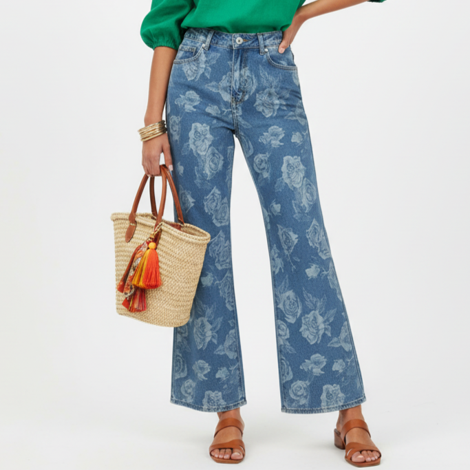 Wide Leg Jeans with Floral Print