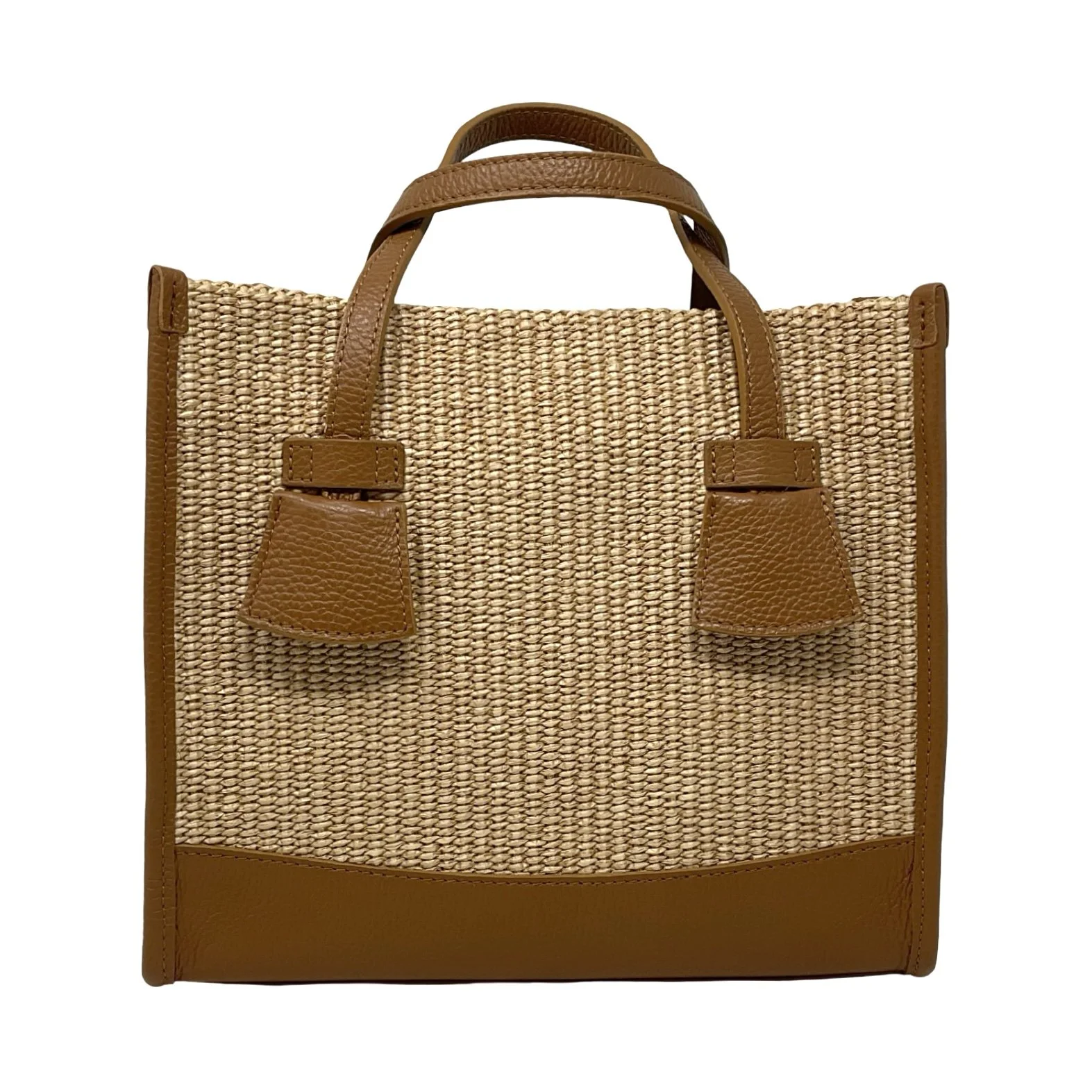 Patterned Raffia Tote Trimmed in Leather