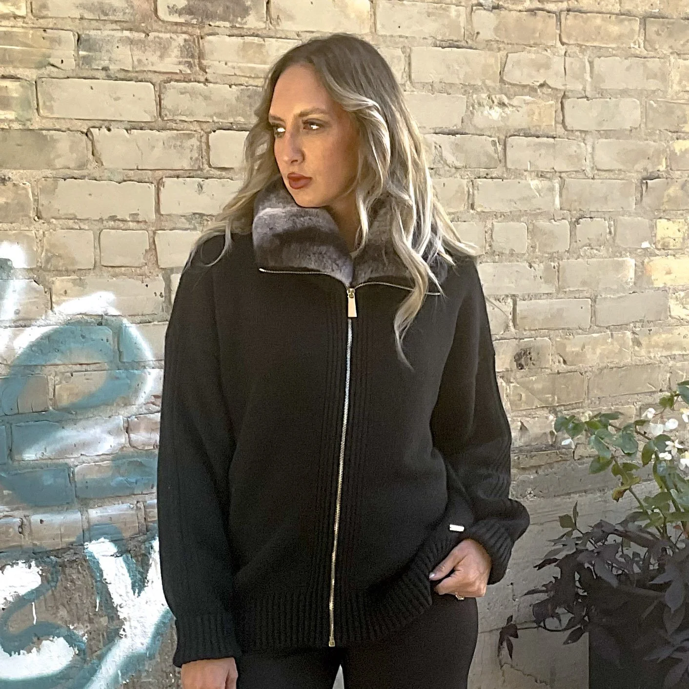 Wool/Cashmere Sweater Jacket with Rex Fur Collar