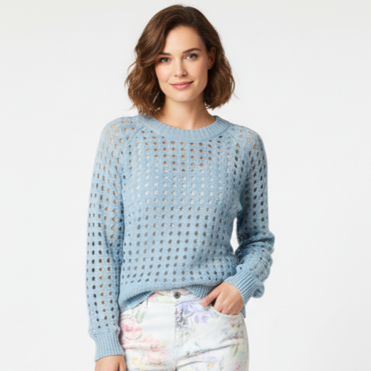 Open-Work Stitch Cotton Italian Sweater