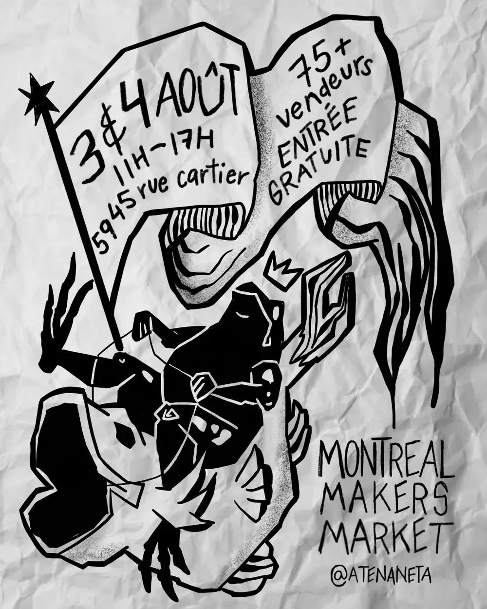 🎺 Le Roi des Grenouilles vous invite cordialement au march&eacute; MMM du mois d&rsquo;ao&ucirc;t 🥁

🐸 3 et 4 ao&ucirc;t
👑 11h - 17h
🐟 5945 rue Cartier
🐸 75+ vendeurs.euses
👑 Entr&eacute;e gratuite
🐟 Produits locaux et artisanaux
👩🏻&zwj;🎨&