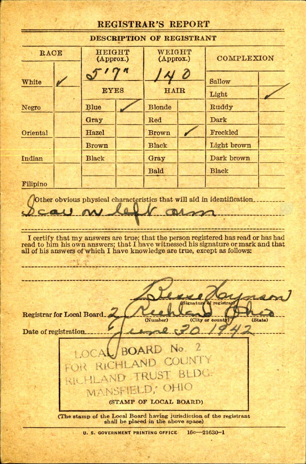 World War II Draft Card (reverse)