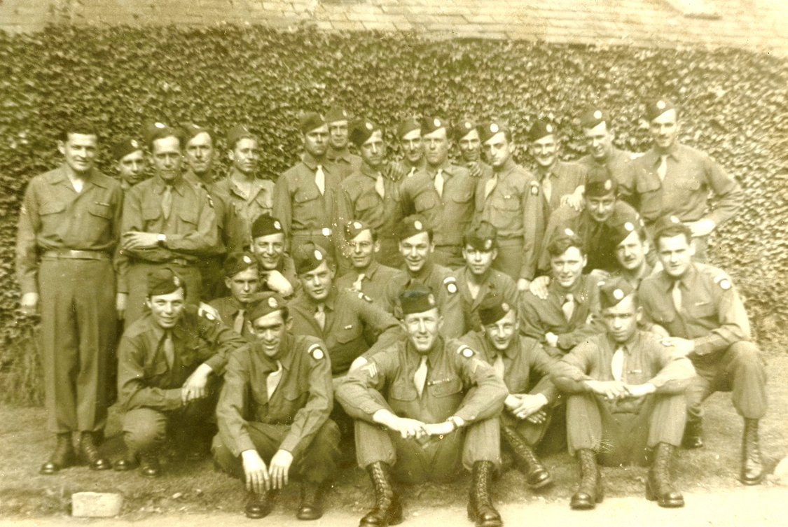 B-Battery machine gun &amp; ammo 7th gun section group photo - England - 1944 -Sgt. Thomas Sewell (seated center)