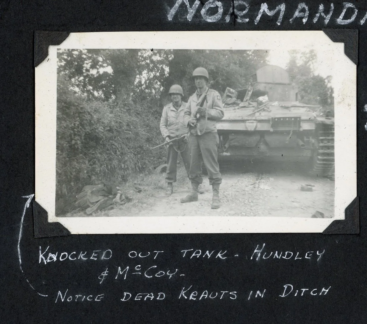 Walter Hundley (L-R) and James McCoy - Normandy - June 1944 - Photo courtesy of the Andrew Hawkins family