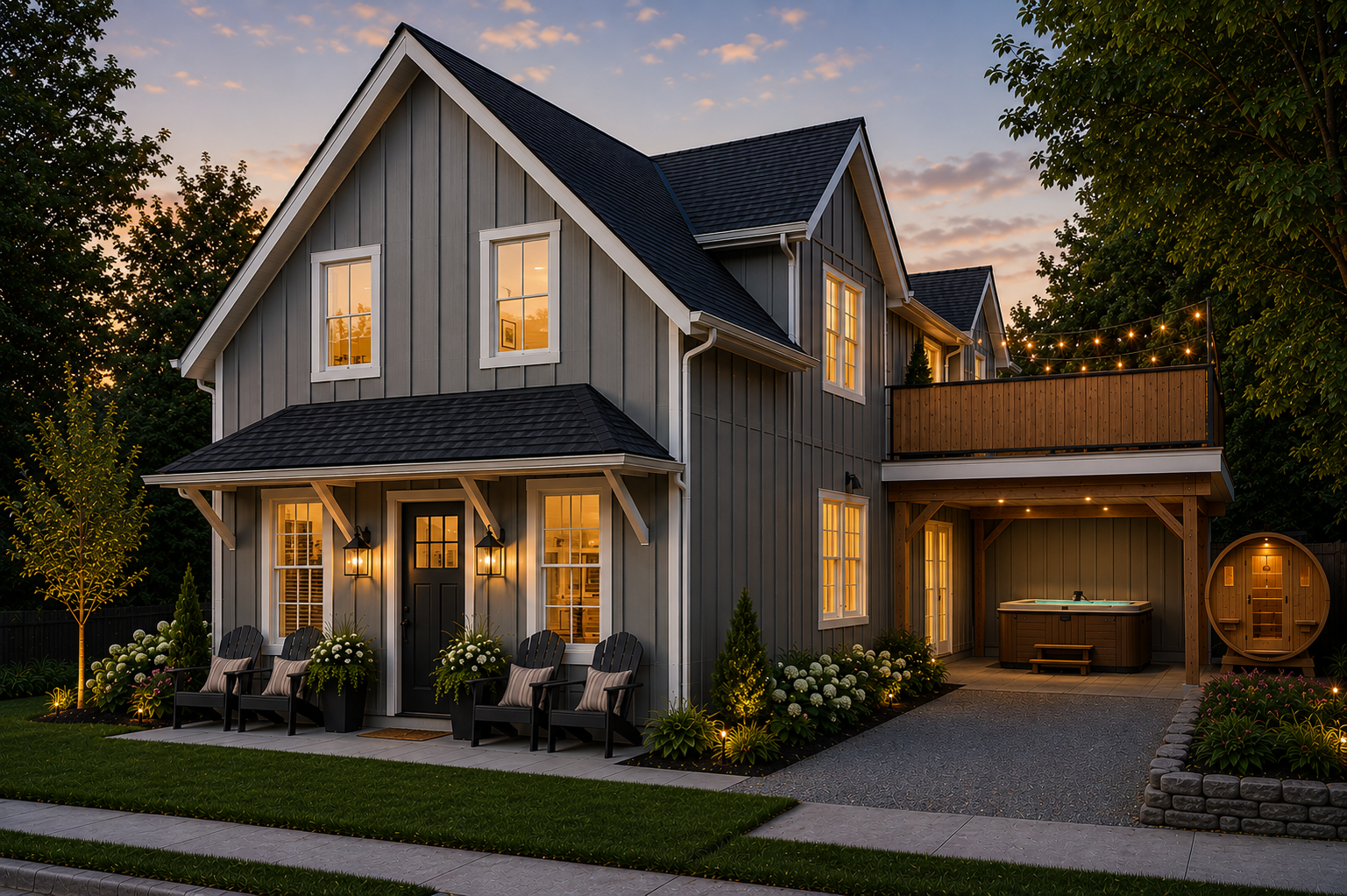 The exterior of the newly opened Ayrshire Laigh private villa. A modern gray two-story house with a front porch, an upper deck with string lights, Hydropool hot tub, and cedar sauna.