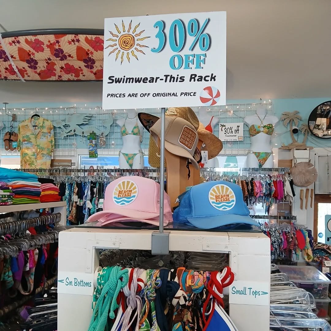 The Heat is On🔥So is Our Sale! 30% off selected Swimwear and Clothing. Open Labor Day 10-4