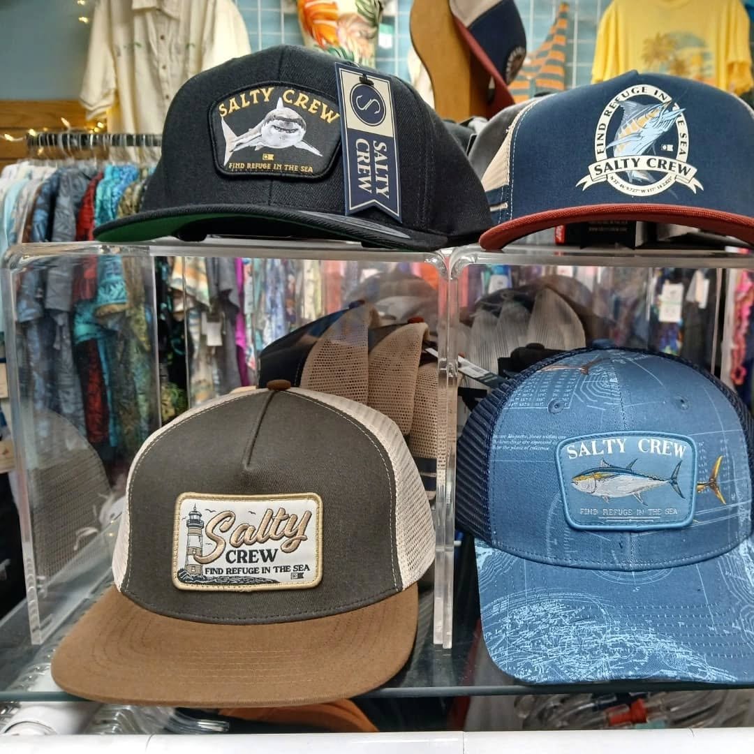 Salty Crew for Father's Day!🦈 We have a large selection of hats, tanks, tees and boardshorts🩳 Open 11-6
#fathersday #saltycrew #boardshorts #beach #fishinglife  #ocean #giftideas