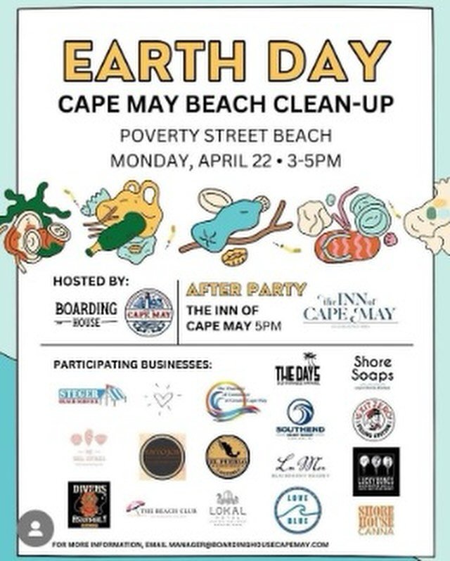 &ldquo;On Earth Day, Monday, April 22nd, from 3-5pm at Poverty Beach, the Boarding House is teaming up with the City of Cape May to organize a beach clean-up initiative and we would love to have other local businesses join in on the day.

Together, w