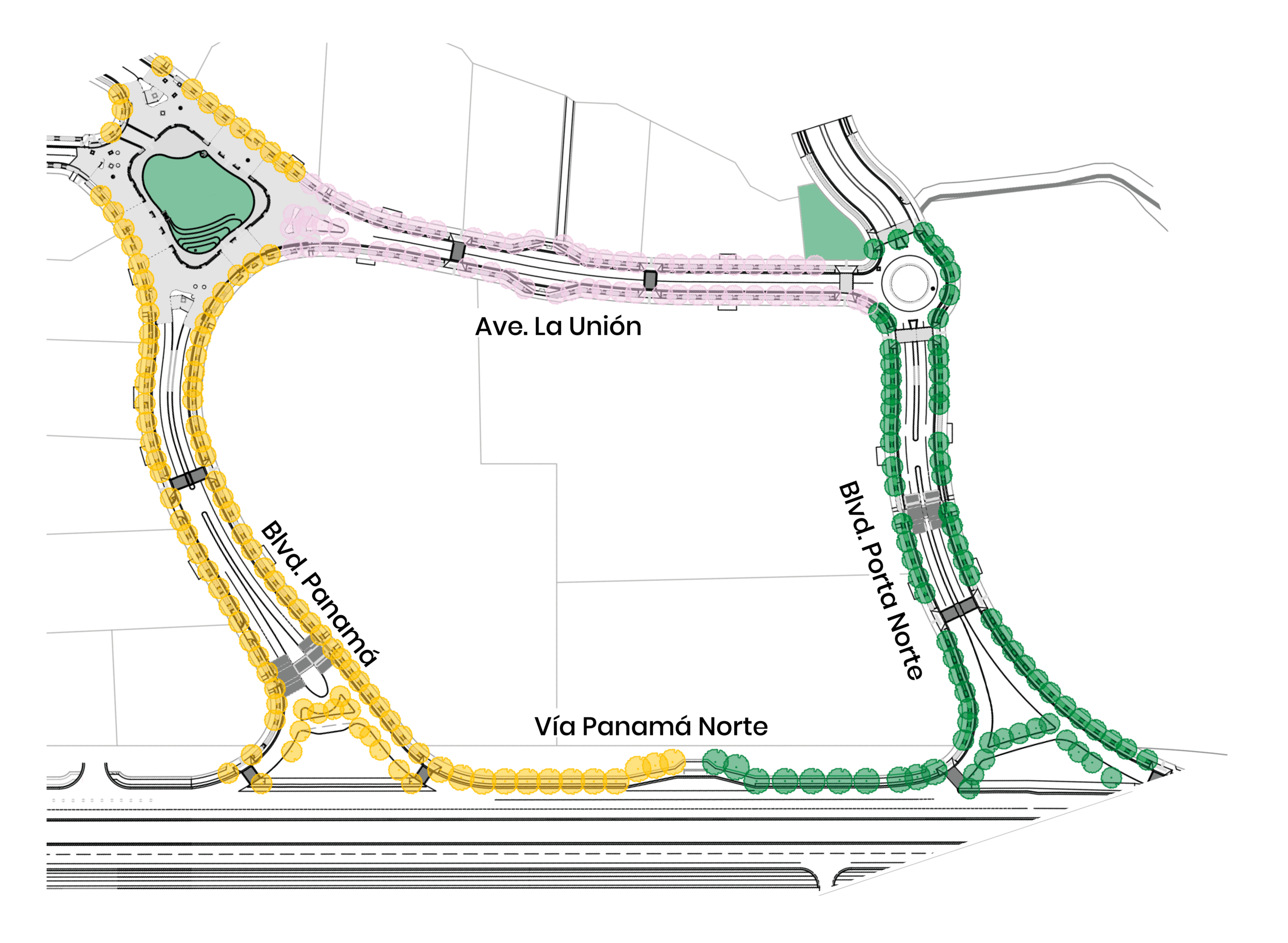 Panama Boulevard: Golden Flame (yellow). Avenida La Unión: Sombreiro (pink). Boulevard Porta Norte: Lorito (green).