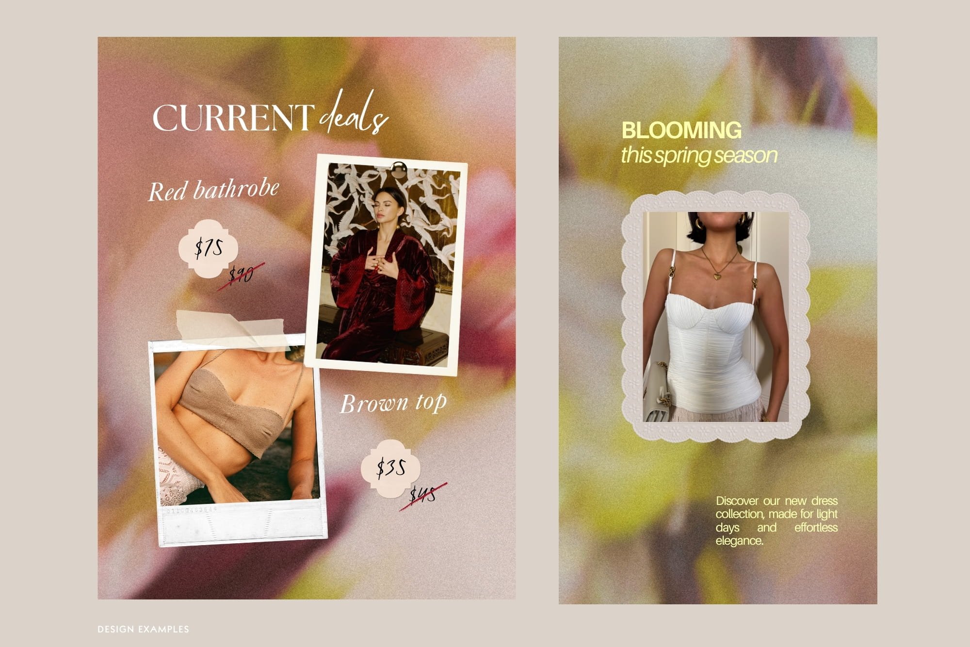 Warm blush and yellow blurred floral background textures used as visual backdrops for online store promo graphics and apparel brand social media.