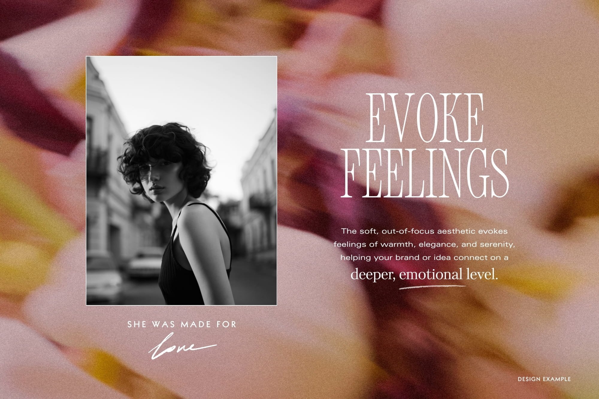 Evoke Feelings moodboard demo combining monochrome portrait photography with warm blurred flower textures