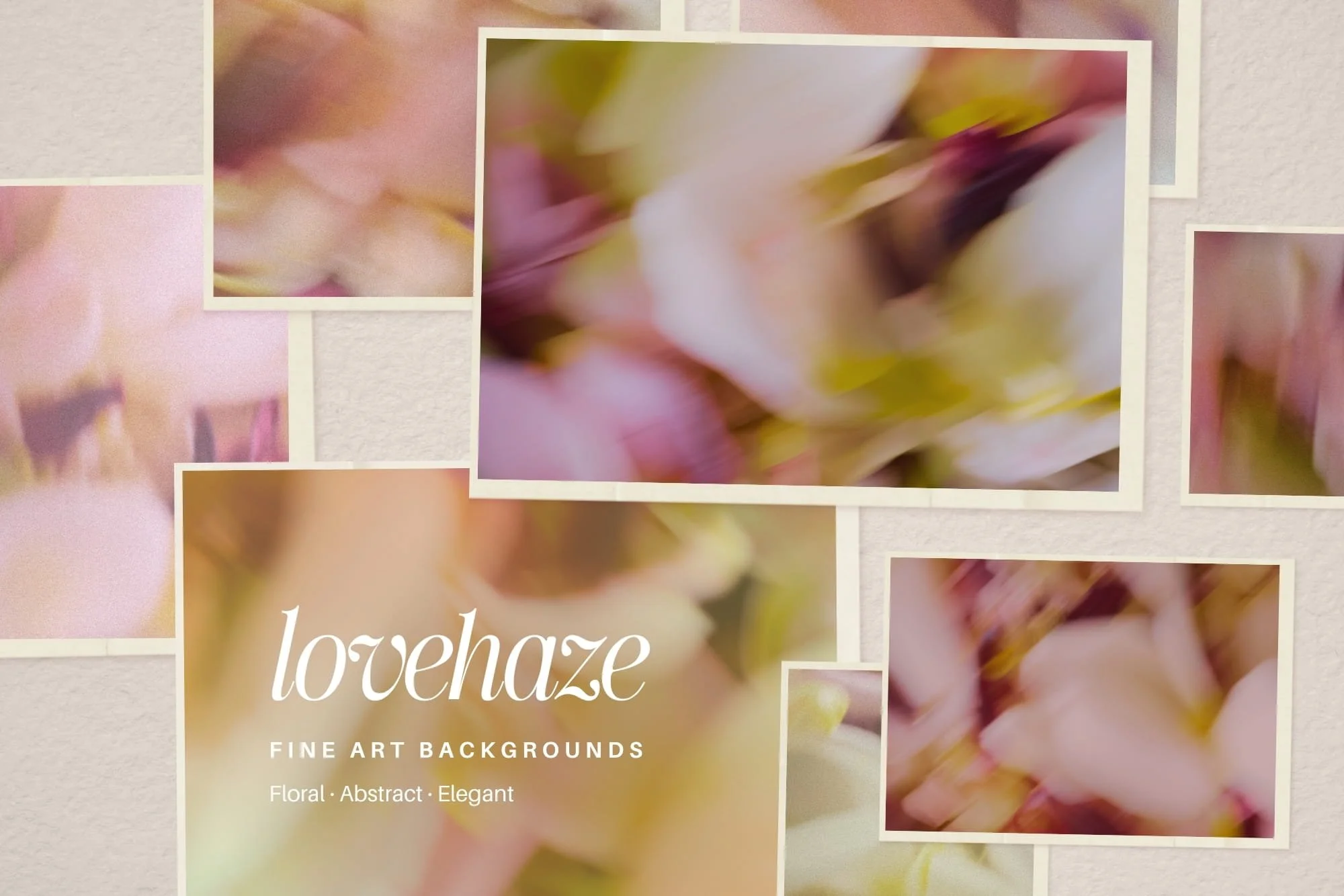 Lovehaze collection cover showing dreamy, blurred floral backgrounds in soft pink, plum, and warm cream tones for aesthetic branding