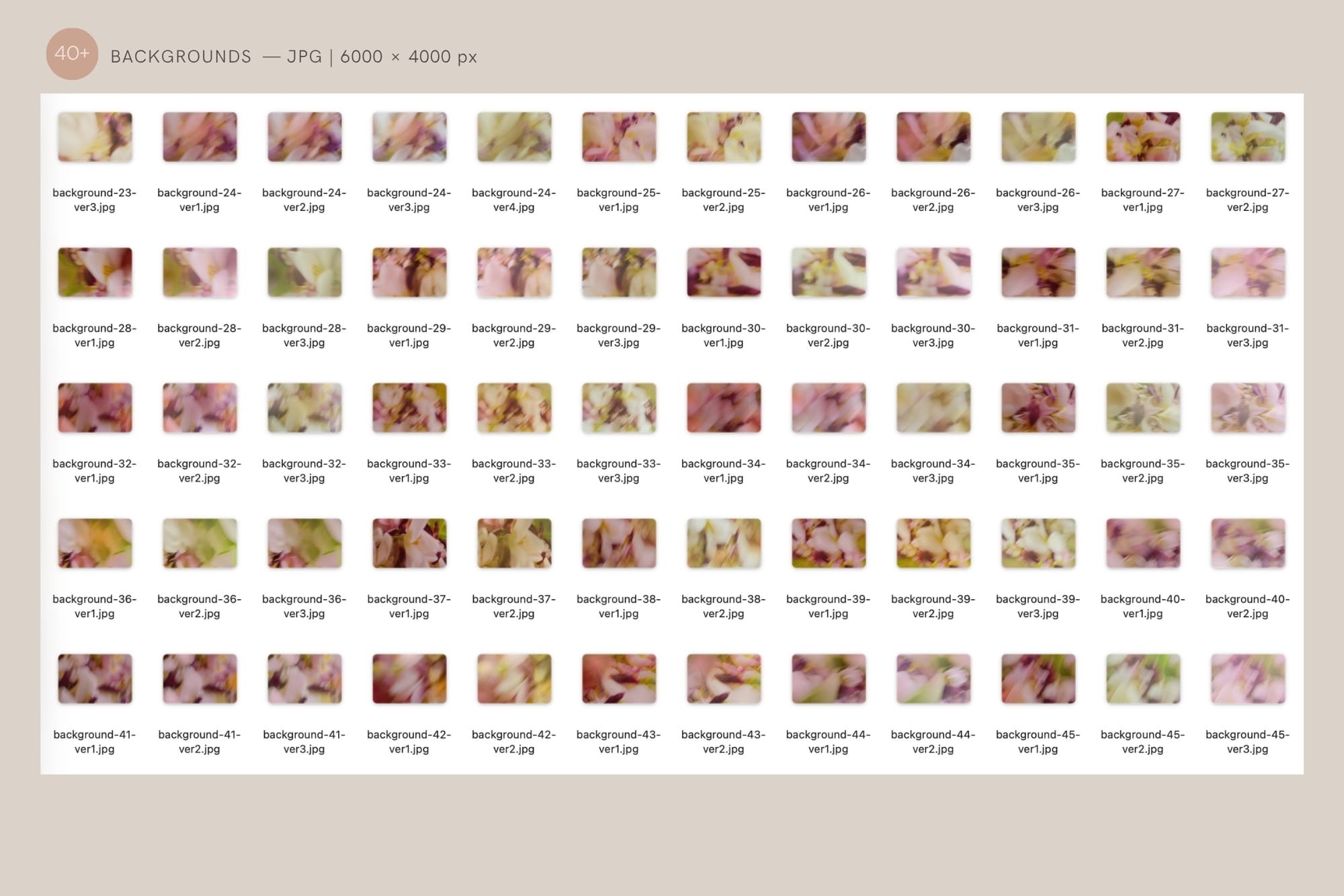 Full catalog overview showing all thumbnail variations of pastel yellow, blush pink, and muted green blurred flower background textures included in the pack.