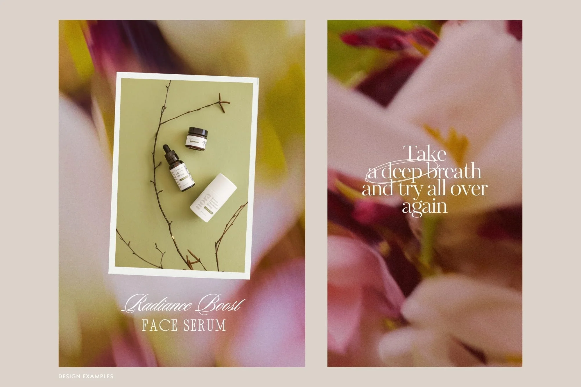 Modern elegant skincare branding and social media design alongside a soothing mindfulness quote overlaid on warm blurred botanical background.