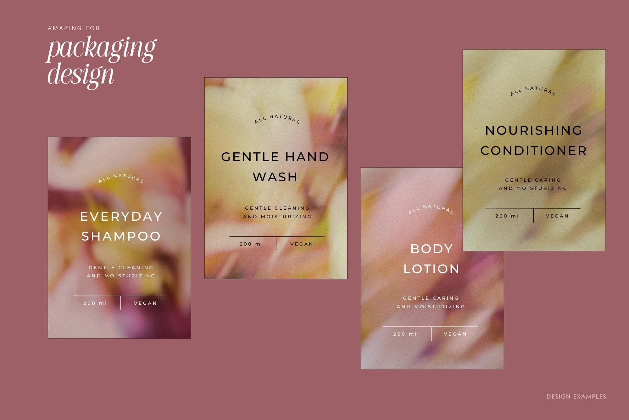 Cosmetic packaging label collection layout titled Packaging Design displaying Everyday Shampoo, Hand Wash, Body Lotion, and Conditioner with matching abstract blurred botanical backgrounds.