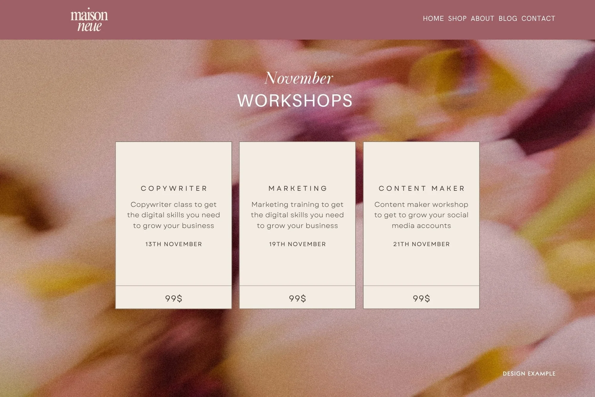 Website interface layout titled November Workshops featuring three pricing cards on a soft plum and yellow blurred flower backdrop, designed for landing page hero sections.