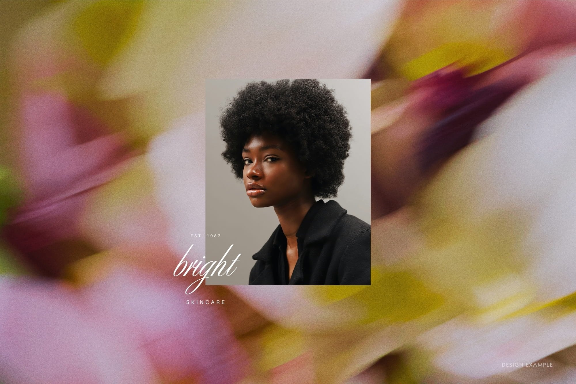 Fashion editorial social media design idea for a fashion brand displaying a portrait photograph centered over a rich blurred botanical texture in pink and green tones.