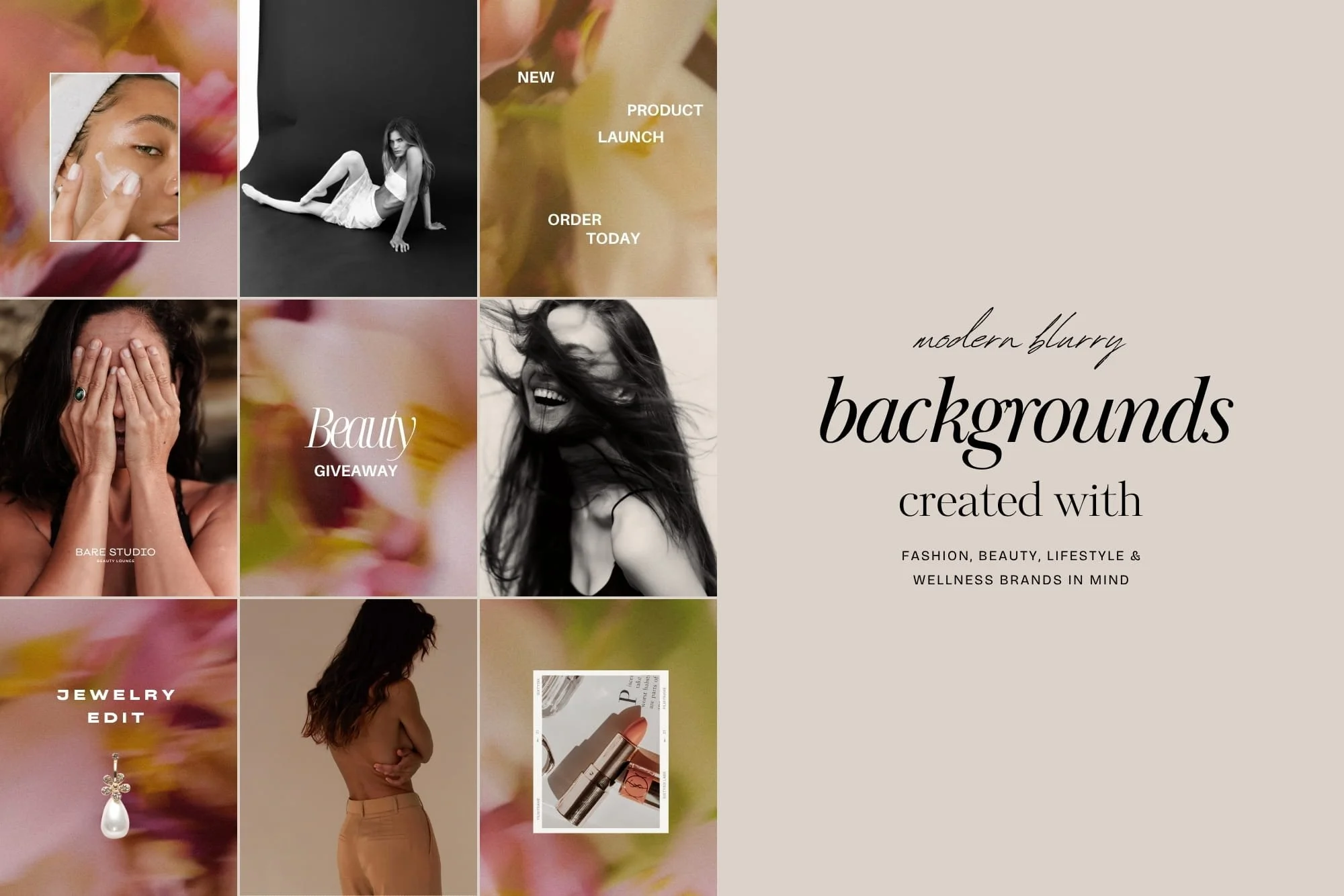 Social media feed design demonstrating abstract dreamy backgrounds for cosmetics and wellness brands