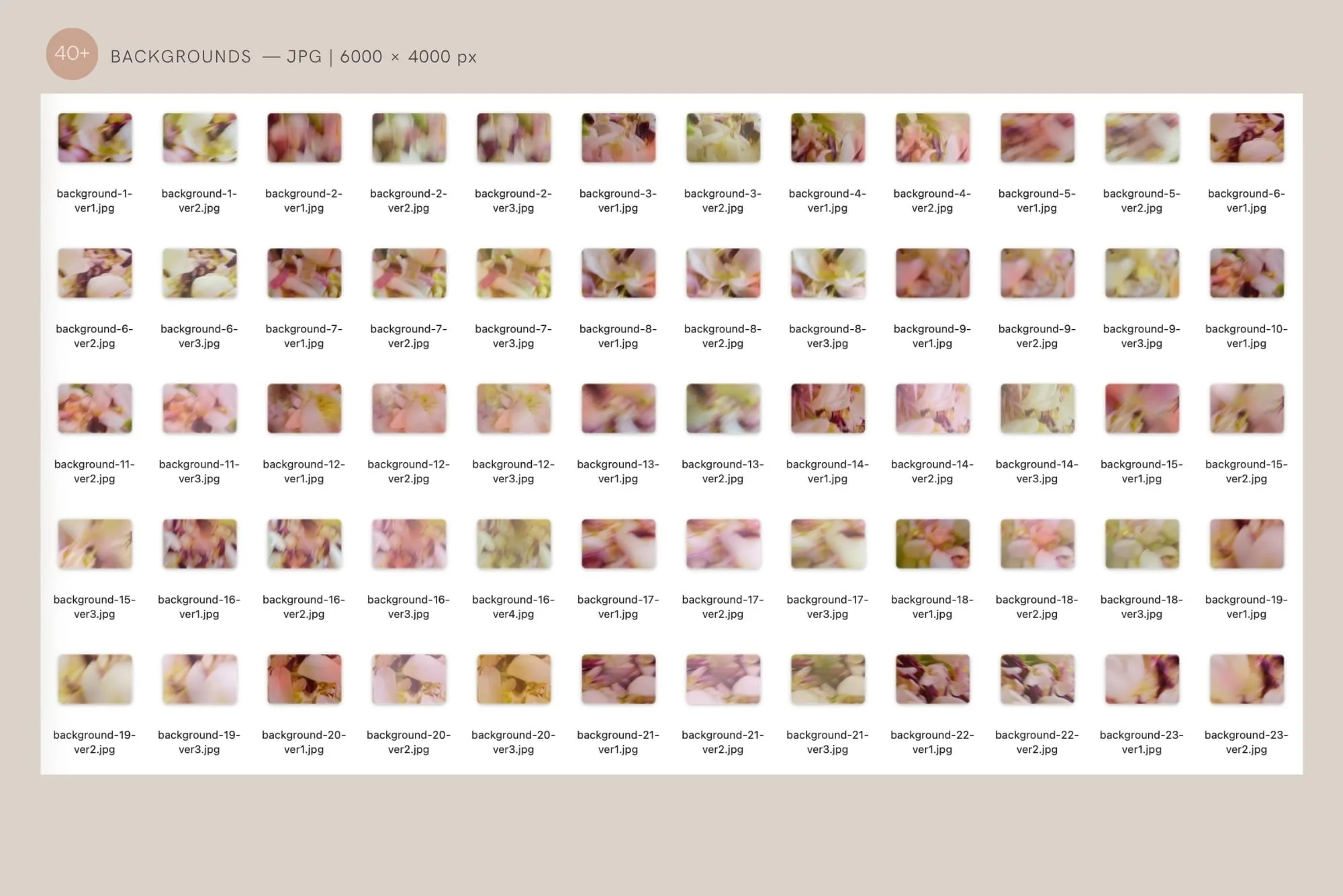 Overview grid showing 40 high resolution 6000x4000px blurred botanical backgrounds included in the Lovehaze digital paper collection.