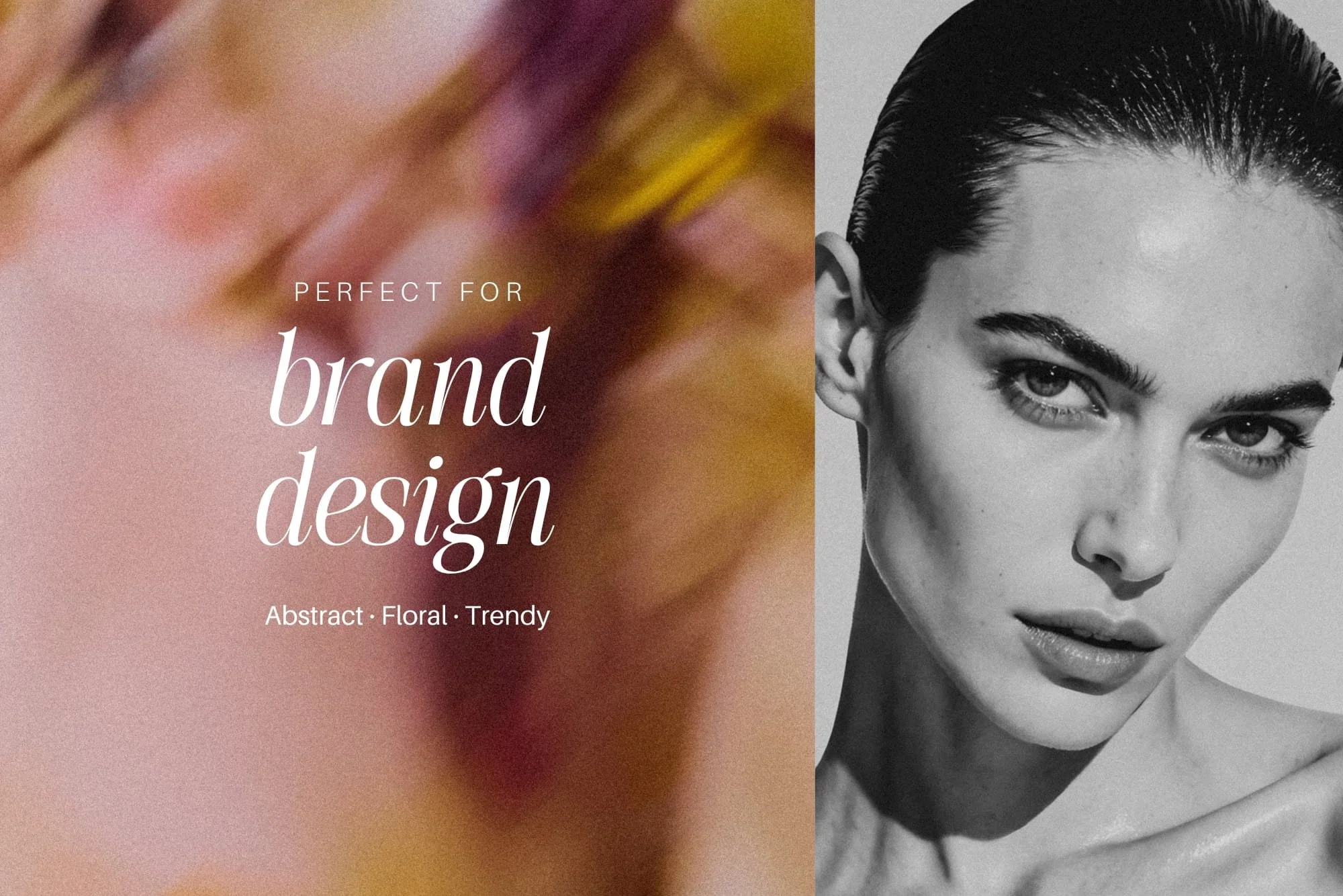Luxury brand design layout featuring an editorial high-fashion portrait overlaid on a deep plum and warm gold blurred botanical background texture.