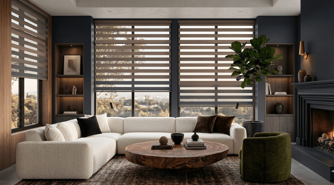 Modern living room with premium zebra blinds for light control in Austin, TX