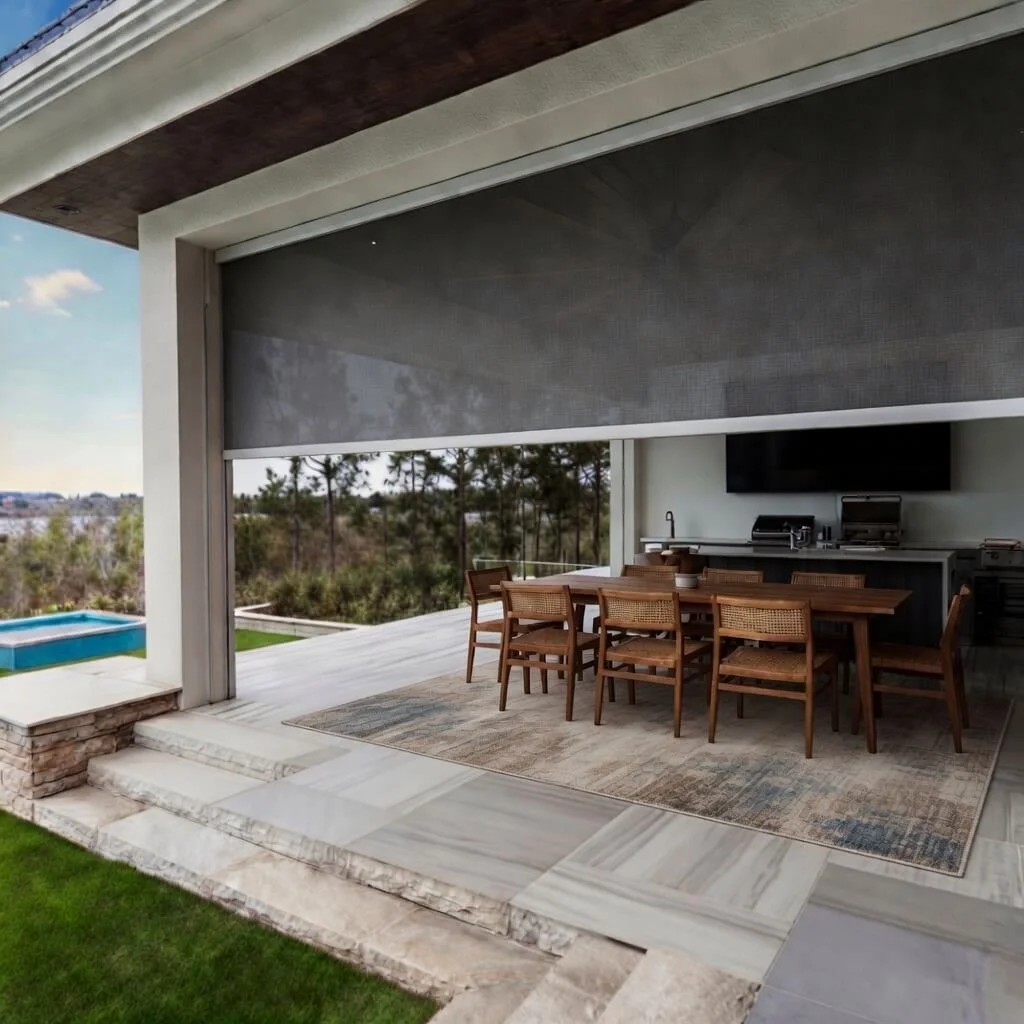 Gray motorized outdoor patio screen on covered patio with dining area in Austin, TX