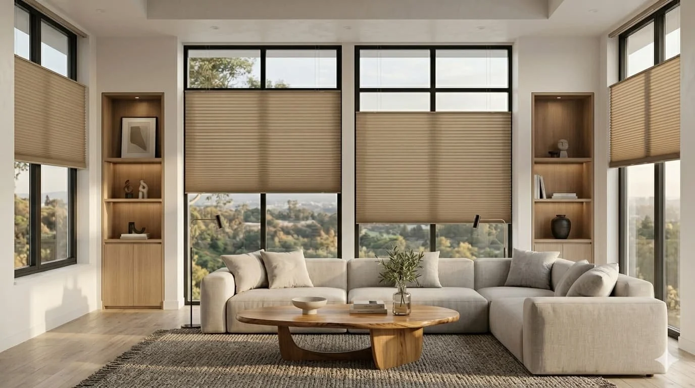 Custom honeycomb shades with top-down bottom-up light control and privacy in modern living room in Austin, TX