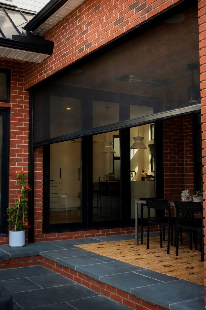 Black outdoor patio screen on brick home exterior with sliding glass doors and evening lighting in Austin, TX