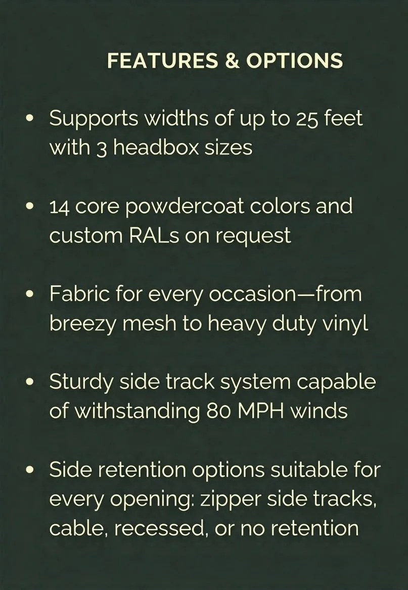Outdoor patio screen features and options chart showing width capacity, fabric choices, and wind resistance up to 80 MPH