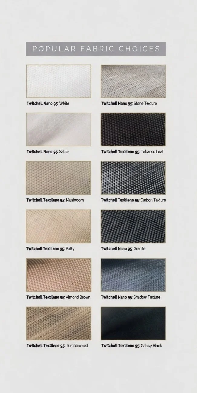 Popular fabric choices for outdoor patio screens including Twitchell Nano and Textilene in white, sable, mushroom, putty, granite, and black colors